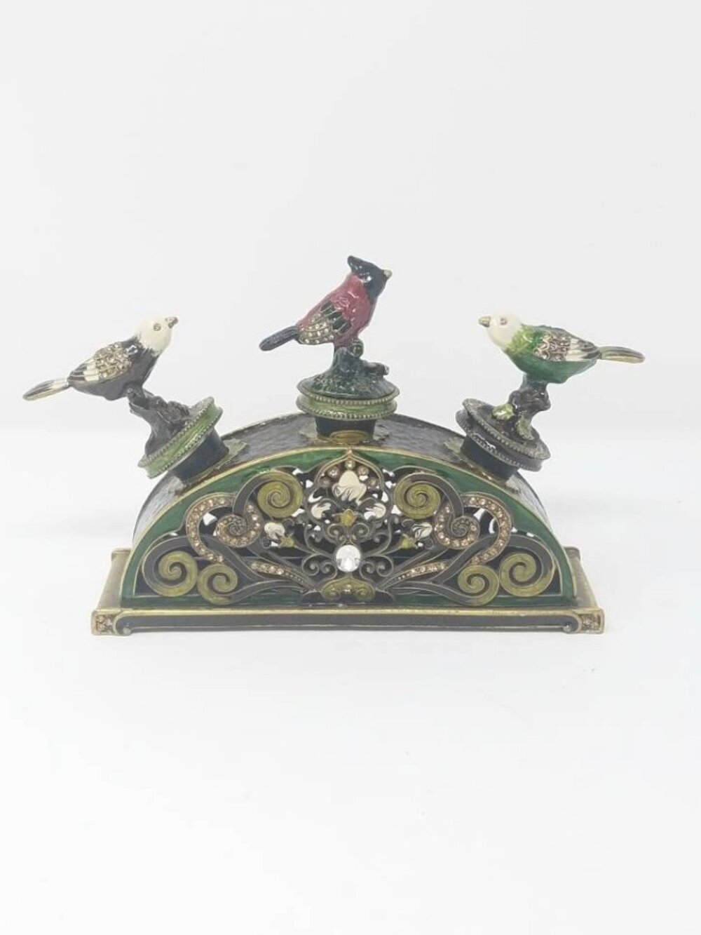 Vintage metal bottle stopper w/holder Cloisonné enamel set of 3 bar ware mancave